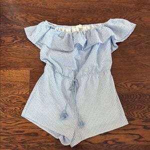 Honey Punch Blue Gingham Off-Shoulder Jumpsuit